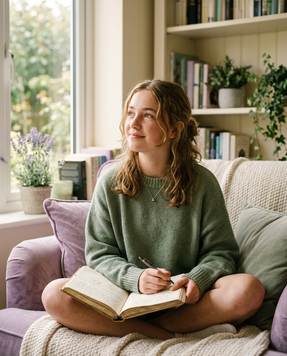 Teen girl journaling on a cozy couch by the window