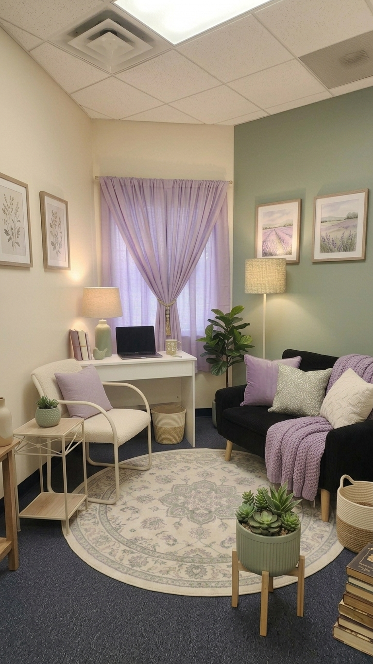 Warm and inviting counseling office with lavender curtains, comfortable seating, plants, and soft natural light