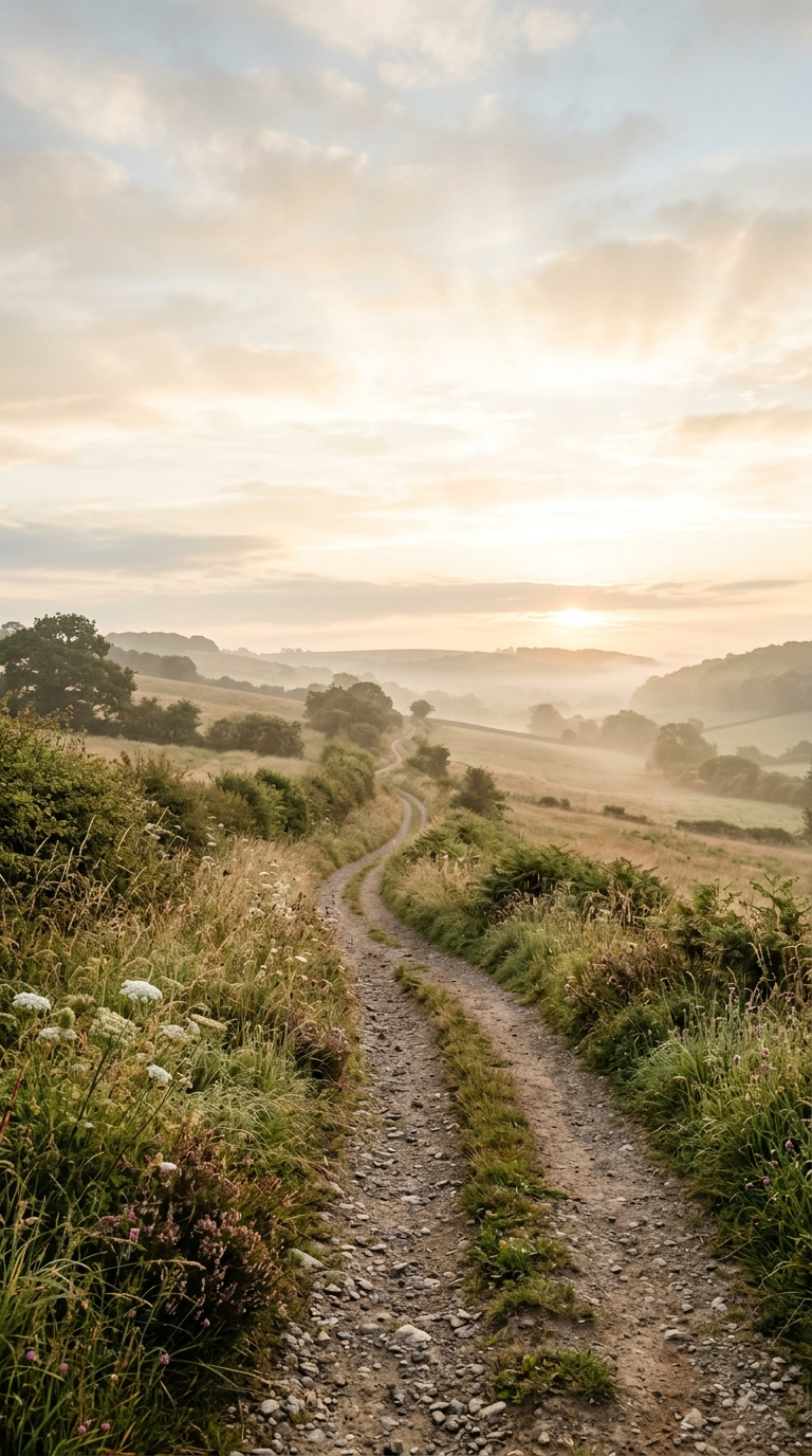 A winding path through a meadow at sunrise