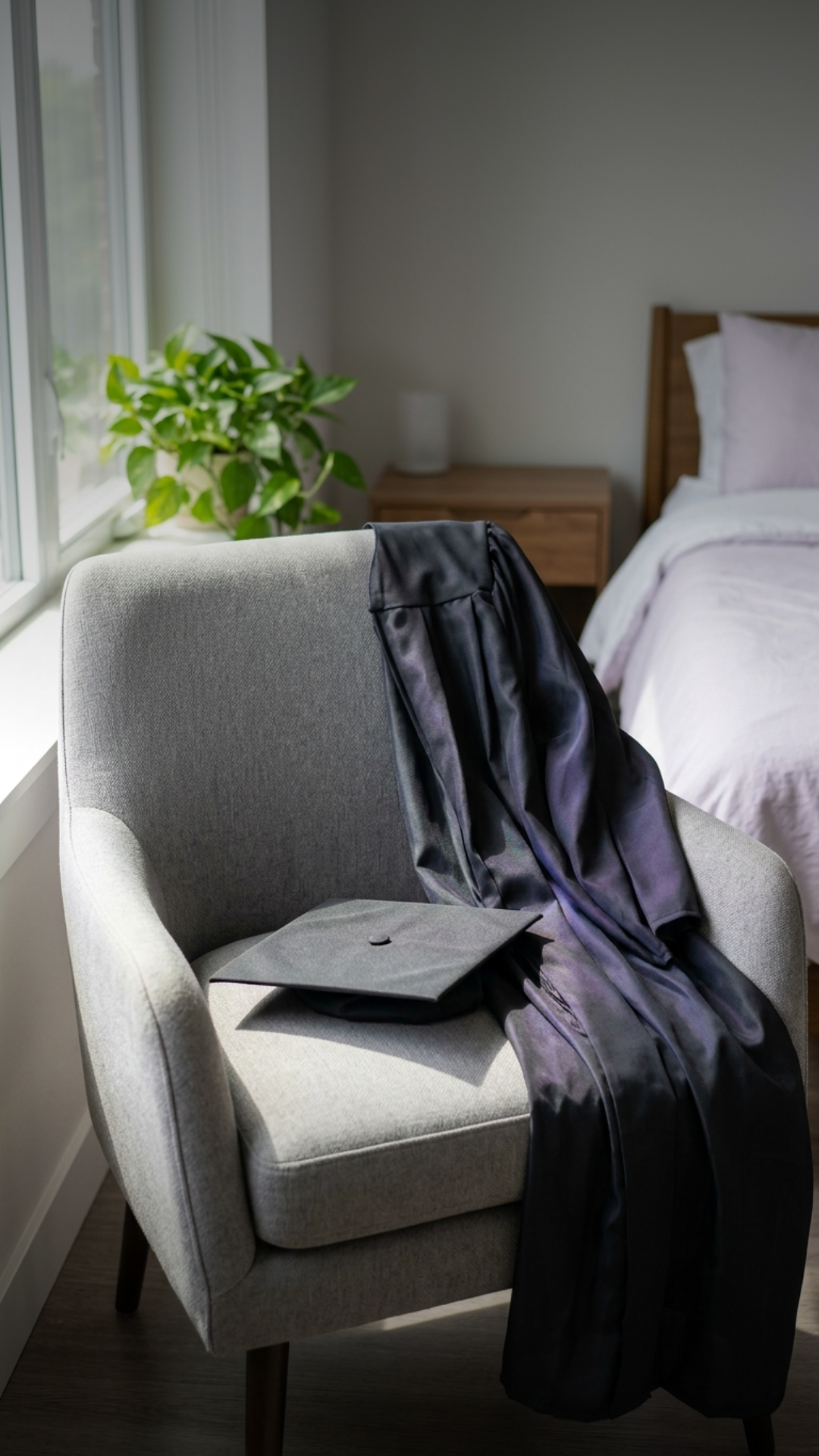 Graduation cap and gown draped over a chair in a sunlit room