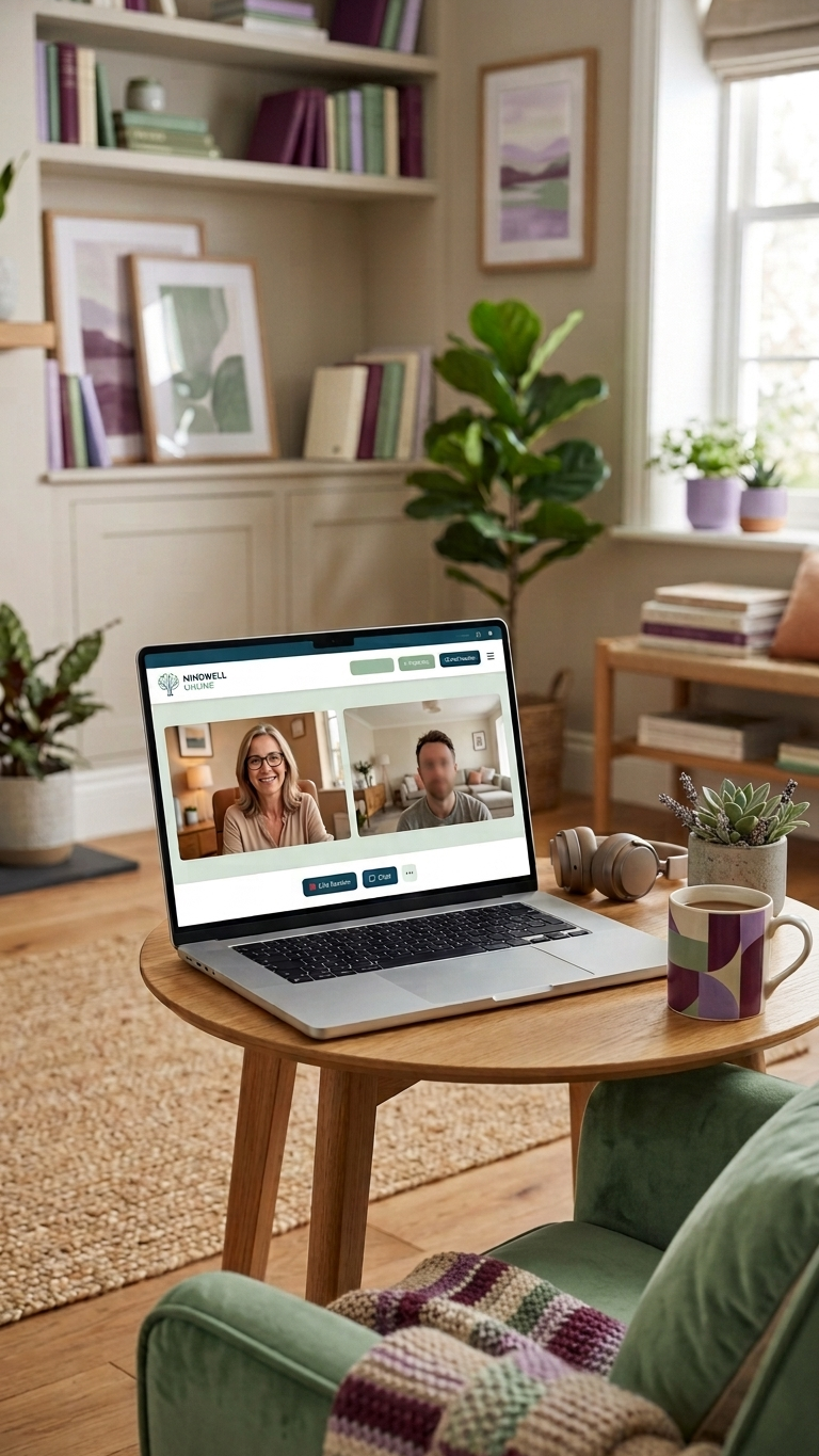 Laptop on a wooden table showing a virtual therapy session in a warm, sunlit living room