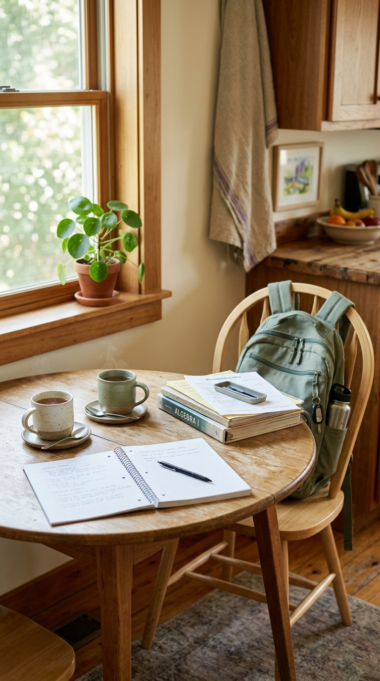 Kitchen table after school with backpack, mugs, and an open notebook in warm afternoon light