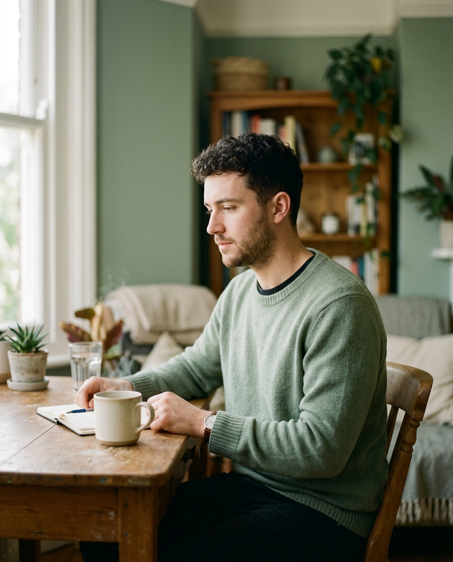 Young adult sitting at a table by the window with a mug and journal