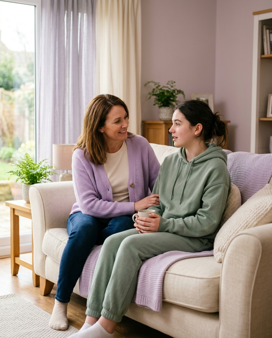 Parent and teen sitting together talking on the couch