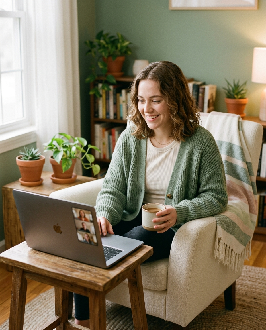 Young woman in a cozy chair with a mug, participating in an online therapy session on her laptop